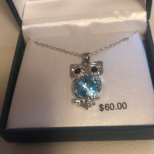 Silver Owl Pendant Necklace with Blue Gemstone